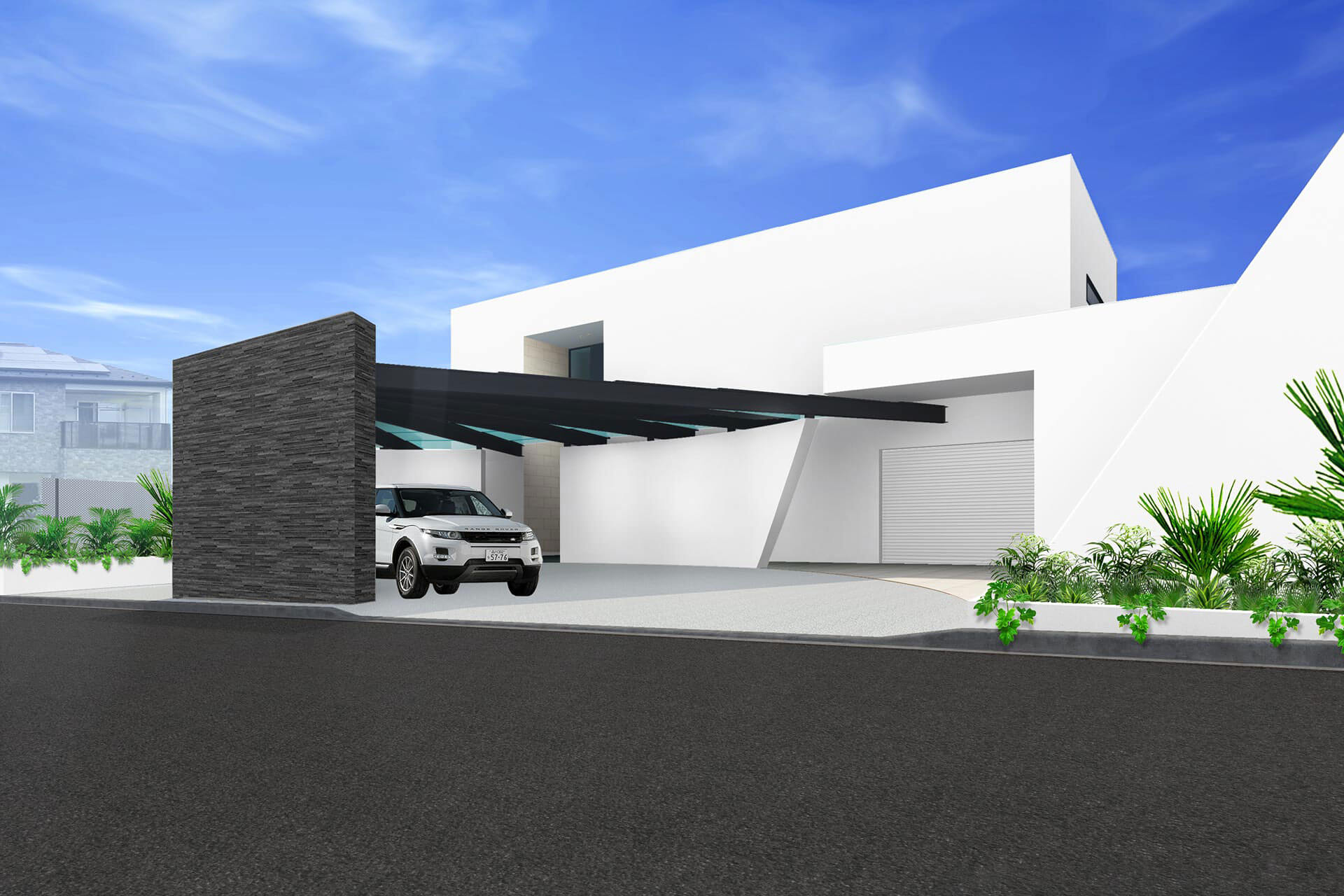 Exterior design white modern house glass roof