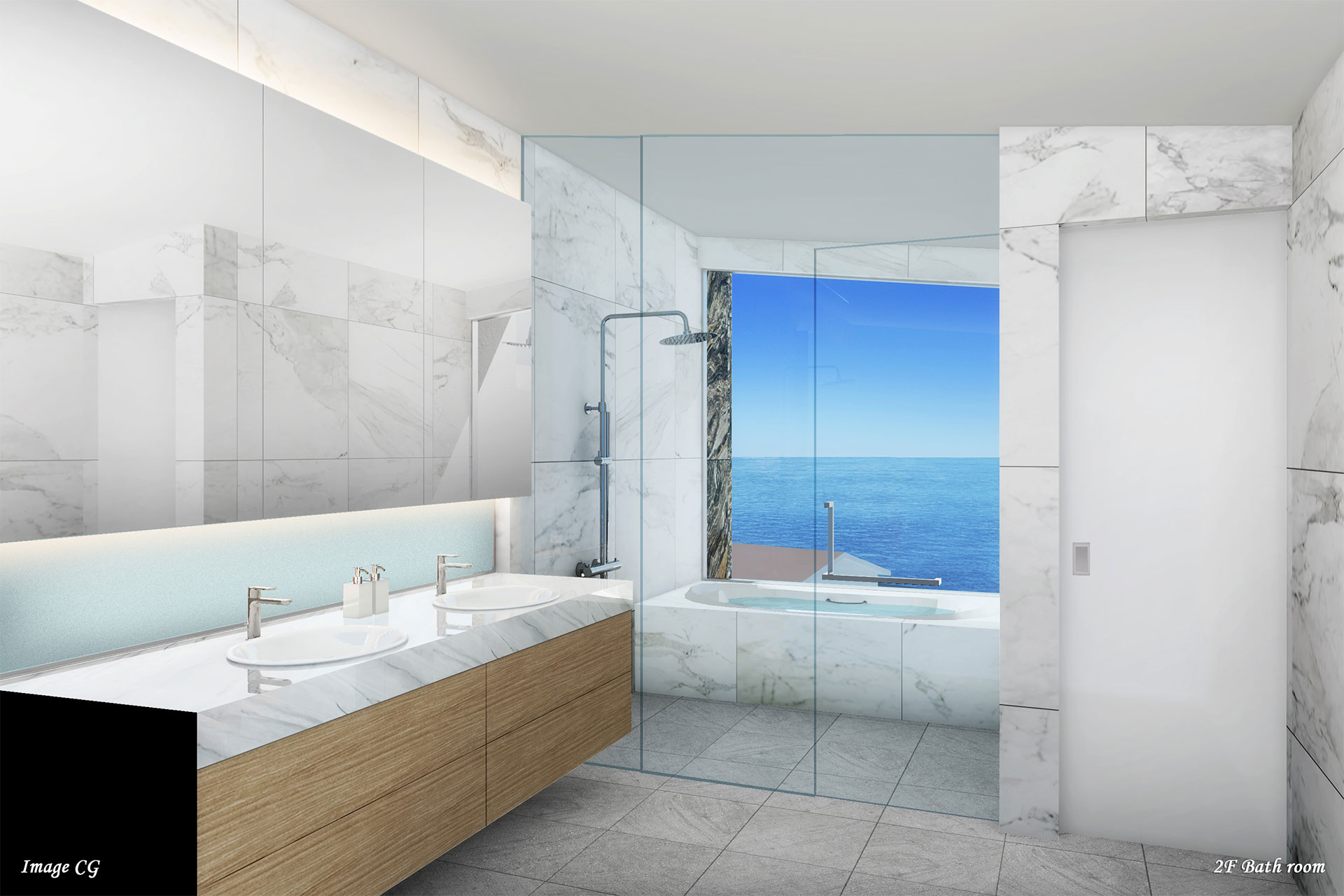 海を臨む別荘のバスルーム・浴室CG