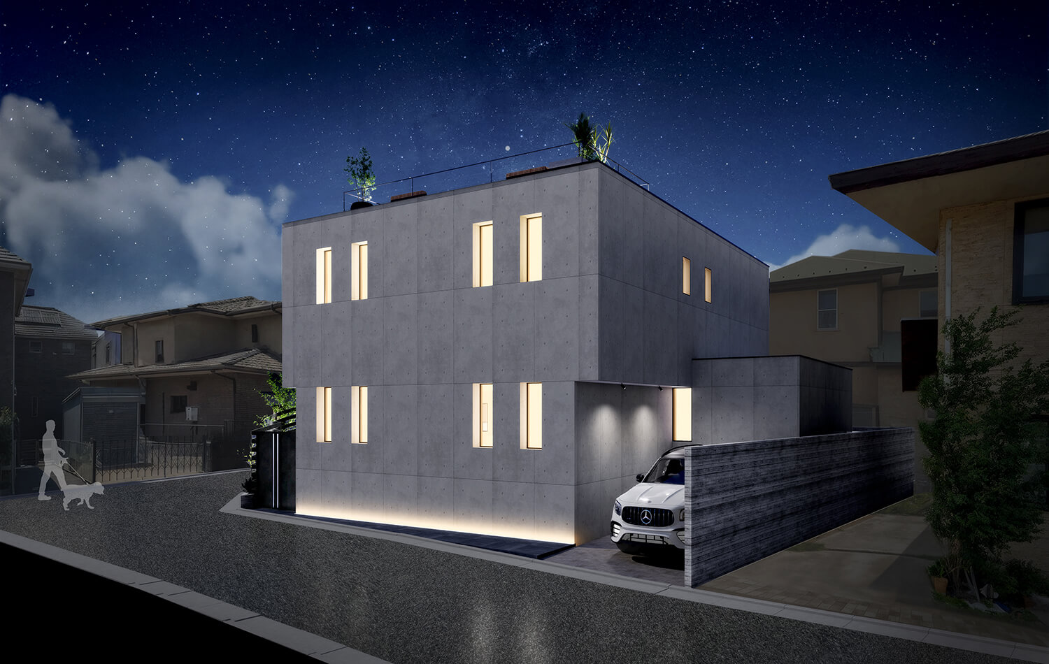 堅牢な印象を与えるコンクリート打ちっぱなしのモダン住宅外観CG