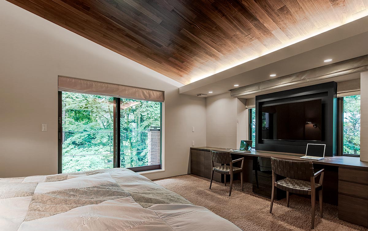 Bedroom design Ceiling wood│別荘建築　寝室